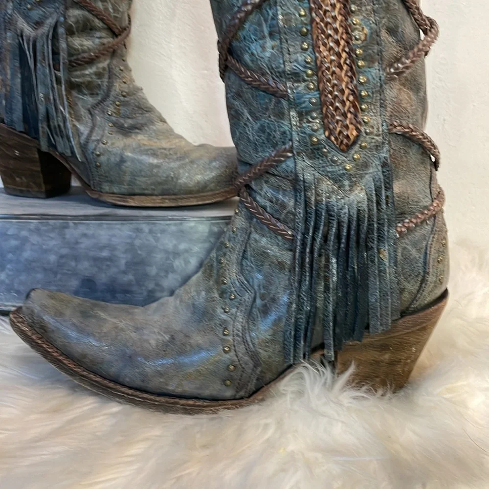#0167 Corral Vintage Leather Snip Toe Cowboy Boot With Fringe-7.5 - Picture 2 of 15